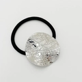 Black elastic hair tie featuring a silver round textured metal alloy charm with grid pattern - Shiny Silver - Grid Round