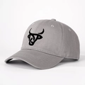 Adjustable grey cotton baseball cap with black embroidered bull head logo, 45-degree view - Adjustable / Gray