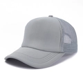 Detail of gray trucker hat showing mesh ventilation and solid fabric curved brim - One Size / Light Gray