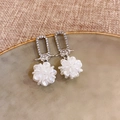 Elegant silver flower tassel earrings with crystals and white petals on linen background - Eco Silver Post Flower Drop (33#)