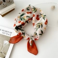 Floral cotton linen square scarf with cherry print and orange border detail - 55cm / Cherry Beige