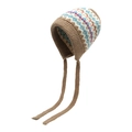 Fair Isle knit earflap hat in brown with colorful geometric pattern and braided ties - Khaki