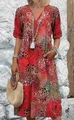 Robe bohème rouge à fleurs avec col en V et imprimé abstrait à manches moyennes - S / Robes / Rouge pastèque