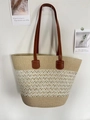 Beige woven straw shoulder bag with white crochet pattern and brown leather straps - Beige Linen