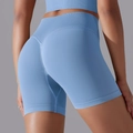 Close-up of grey blue seamless high waist yoga shorts with ribbed compression waistband - S / Shorts / Sky Blue