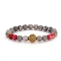 Mens beaded yoga bracelet featuring red and grey stones with golden lion head charm - Lion Head Beaded Bracelet