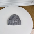 Detailed view of dark grey ribbed knit beanie with white Pensecote embroidery - One Size (3-8 Years) / Gray