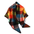 Detail of colorful patchwork plaid scarf with soft fringe edges and woven texture - Dark Brown Orange Yellow Plaid