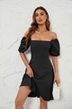 Detailed view of the square neck and puff sleeve design on this black mini summer dress - S / Black