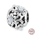 Retro S925 sterling silver hollow flower charm with pearl inlay for DIY bracelet - Classic Flower (SCC2182)