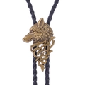 Vintage bronze wolf head bolo tie with black braided leather cord and adjustable slide - Wolf Head Bronze