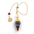 Antique silver resin pendulum with colorful crushed chakra stones and lotus charm - New Gold Crown 7 Chakra + Lotus Chain