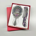 Detail view of peacock vanity mirror and comb set with rhinestones in a red gift box - Hollow Single Opening (Antique Tin) / Antique Pewter