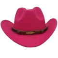 Ethnic style rose red wool felt cowboy hat with woven band and golden feather ornament - M (56-58cm) / Rose Red Cowboy (Gold Feather)