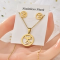 Detail of gold stainless steel necklace and earrings set featuring dragonfly pendants - TT-040 Round Hollow Dragonfly / Gold