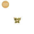 Detailed view of 14K solid gold butterfly stud earring with sparkling yellow gemstones - August Peridot Yellow