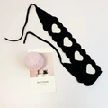 Handmade crochet headband in black with white heart patterns and adjustable ties - Black White Heart