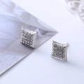 Macro shot of silver square stud earrings featuring micro-pave cubic zirconia crystals - D36 Silver Matrix Square