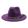 Detail of deep purple wool fedora hat featuring gold chain and black leather ribbon bow - M (56-58cm) / Purple