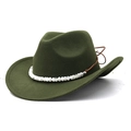 Classic dark green wool felt western cowboy hat with decorative white beads and chin strap - Army Green
