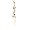 Detailed view of a gold belly ring with star and flower tassels and clear cubic zirconia - 1969 Flower Star Gold