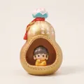 Golden resin gourd ornament with cartoon Buddha figure and rotating pink lotus - W1188-32 Thumbs Up Buddha