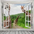 Detalle de tapiz con efecto de ventana 3D que muestra jirafas en un sendero forestal - Estilo 5-Jirafa Escena