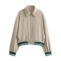 Giacca beige con zip, polsini a costine a righe verdi e cerniera con anello - S / Cachi