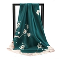 Dark green satin silk square scarf featuring elegant white plum blossom floral print - Winter Plum Dark Green Beige Edge (SD90-26-2)