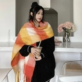 Rainbow plaid scarf with orange and pink tassels in soft cashmere-like knit fabric - No.11 Orange Yellow White Plaid