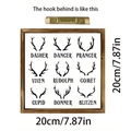 Detail of wooden Christmas frame with reindeer names and 20x20cm size measurement - Antler Slogans