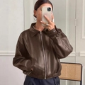 Vintage dark brown faux leather bomber jacket for women with oversized fit and elastic hem - S / Brown
