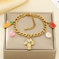 Detail of gold Cuban chain bracelet with mushroom, carrot and chili charms on silk fabric - Vegetable & Mushroom Bracelet Style (KB204082-SXSJ)