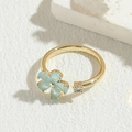 Adjustable 14K gold-plated open ring with a light blue flower and clear zircon stone - Open Ring / Blue Flower