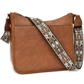 Bolso bandolera de cuero marrón con correa ancha bordada y detalles en color oro - Marrón