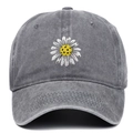 Close-up of small daisy flower embroidery on vintage washed grey denim baseball cap - Adjustable / Gray