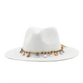 Detail of white straw fedora with colorful shell accents and bohemian woven texture - M (56-58cm) / White
