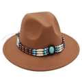 Close-up of bohemian felt hat featuring turquoise beads and ethnic patterned trim - One Size / Khaki