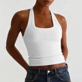 White Y2K ribbed halter neck tank top with slim fit cropped design for women - S / White