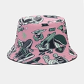 Detail of pink cotton bucket hat with vibrant street graffiti and green leaf patterns - M (56-58cm) / Pink All-over Graffiti (No. 14)