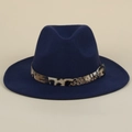 Close-up of navy blue wool fedora hat featuring a leopard print band and metal buckle - M (56-58cm) / Navy Blue