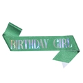 Sparkly green glitter birthday girl sash with silver holographic font for party - One Size / Iridescent Green