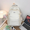 Minimalist cream bubble puff backpack with cute bunny charm in artistic lifestyle setting - No Pendant / White
