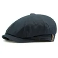 Classic black cotton newsboy cap with octagonal panels and leather strap detail - M (56-58cm) / Navy Blue