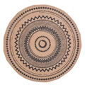 Round jute placemat with black mandala print and fringe trim for dining tables - 38cm / Boho Black