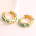 Golden hoop earrings with light green enamel and blue floral patterns in a vintage style - Light Blue