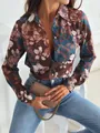 Close-up of vintage brown floral long sleeve shirt with blue paisley print details - S / Coffee Floral