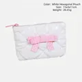 White glossy PU makeup bag with pink checkered bow detail and zip closure 15x3x11cm - White Hexagon Bag