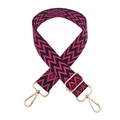 Close-up of pink and black geometric woven bag strap with golden rotating metal buckles - A36 Black Rose Red