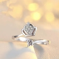 Adjustable silver heart crown ring with sparkling crystals and a round center stone - Crown Heart Ring